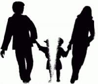 one man and one woman holding a child's hand, but the child is split in half because they don't know who will be getting the child in the divorce.